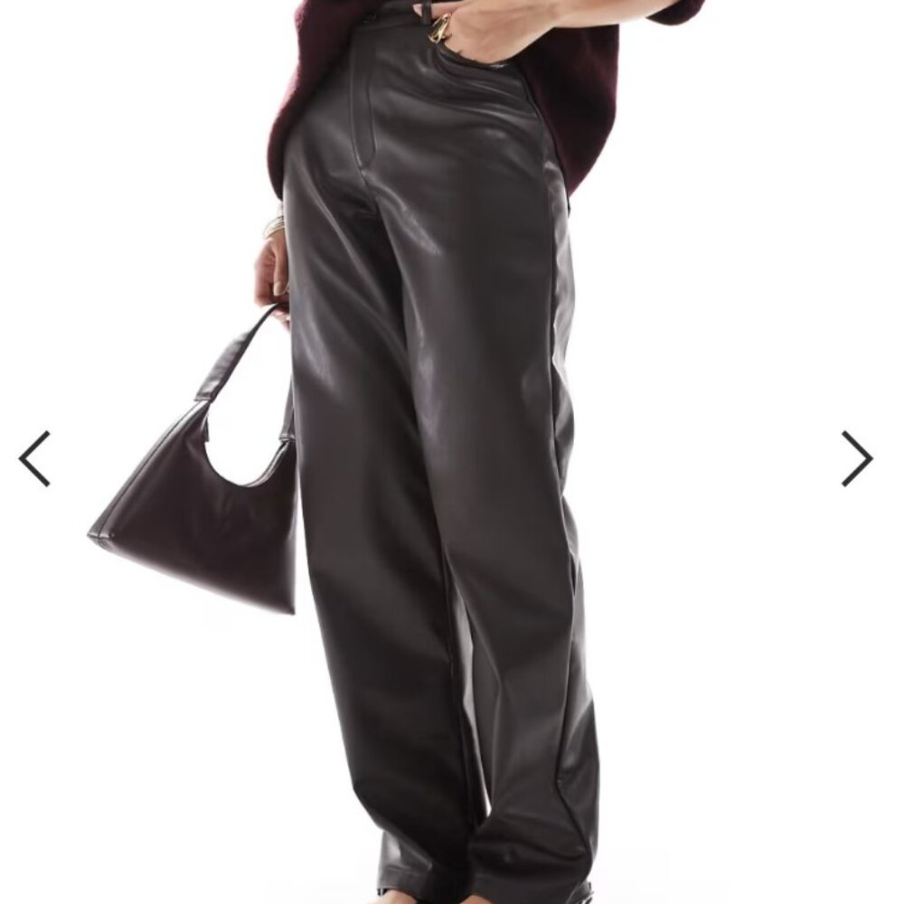 ASOS DESIGN faux leather straight leg pants in brown